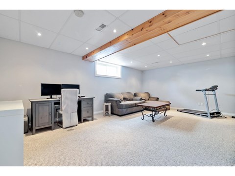 A spacious room with a couch, a chair, a desk, and a treadmill.