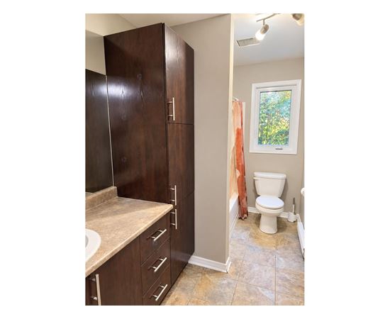 A bathroom with a toilet, sink, and cabinets.