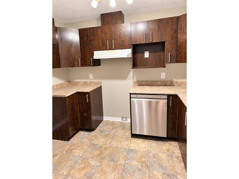 A kitchen with a stainless steel dishwasher and brown cabinets.