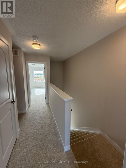 A hallway with a carpeted floor and white walls.