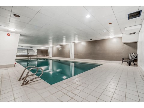 A small indoor swimming pool with a diving board.