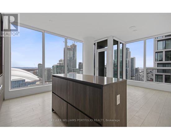 A modern office space with a view of the city skyline.