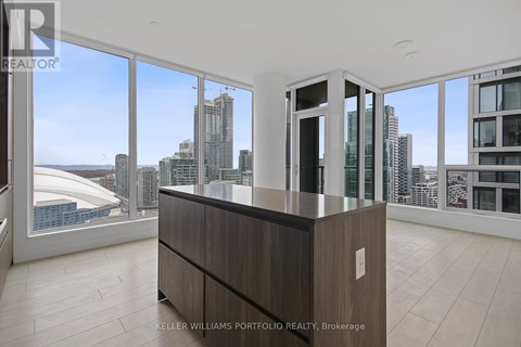 A modern office space with a view of the city skyline.