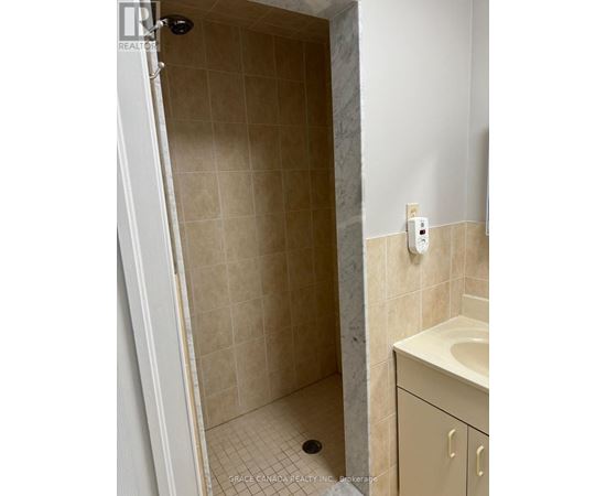 A bathroom with a tiled shower and a white sink cabinet.