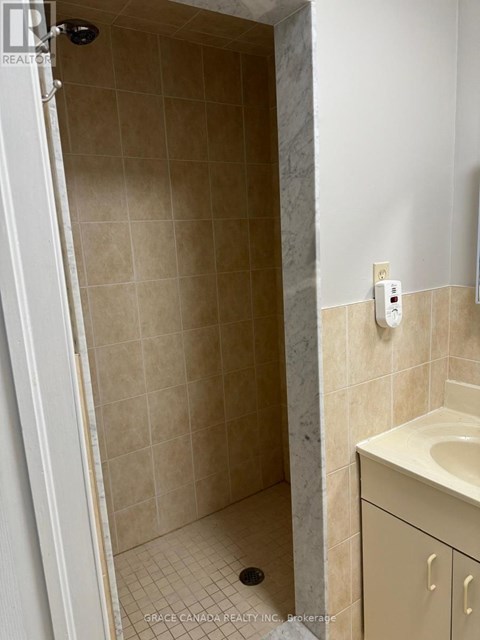 A bathroom with a tiled shower and a white sink cabinet.