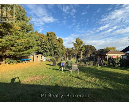 A backyard with a lawn chair and trees.