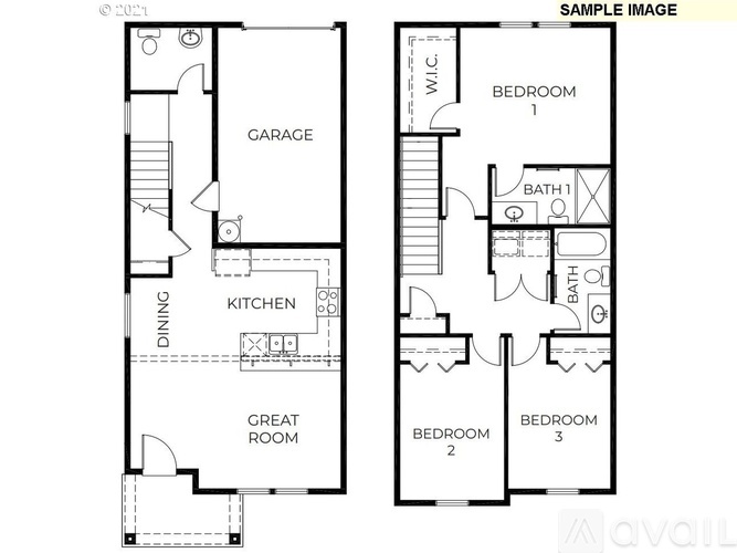 A floor plan of a house with a garage, kitchen, dining room, and three bedrooms.