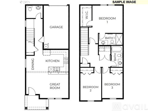 A floor plan of a house with a garage, kitchen, dining room, and three bedrooms.