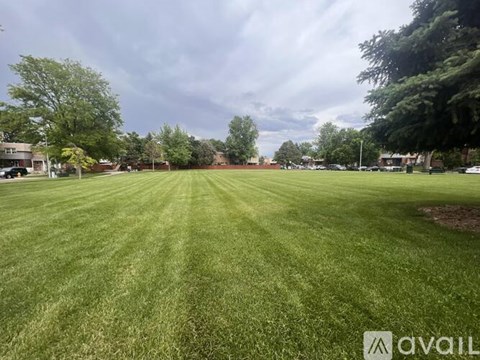 A grassy field with a cloudy sky above and trees in the background.