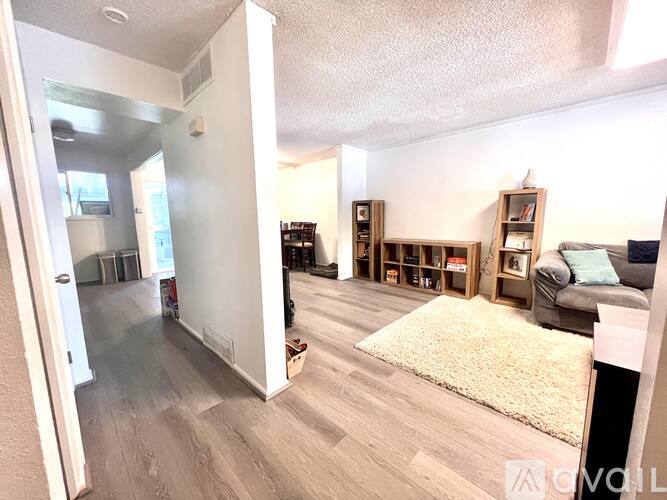 A living room with a couch, bookshelf, and a rug.