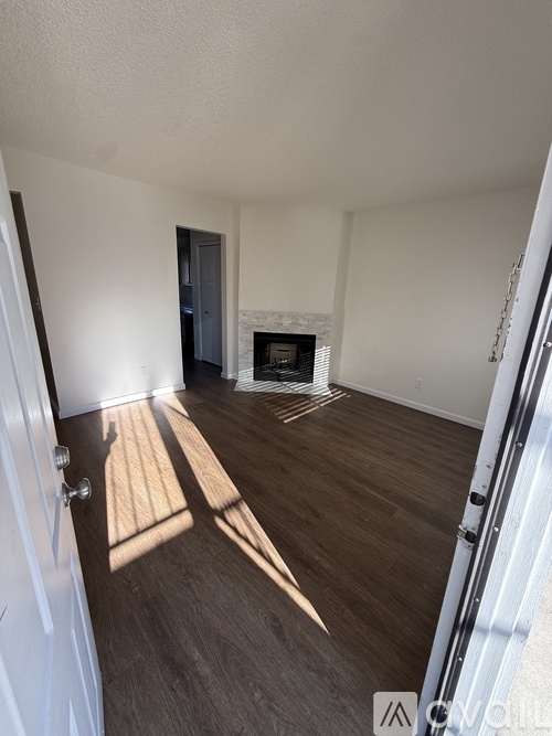 A room with a fireplace and a door on the left side.