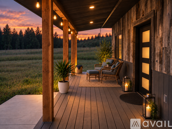 A wooden deck with chairs and a table is lit up at dusk.