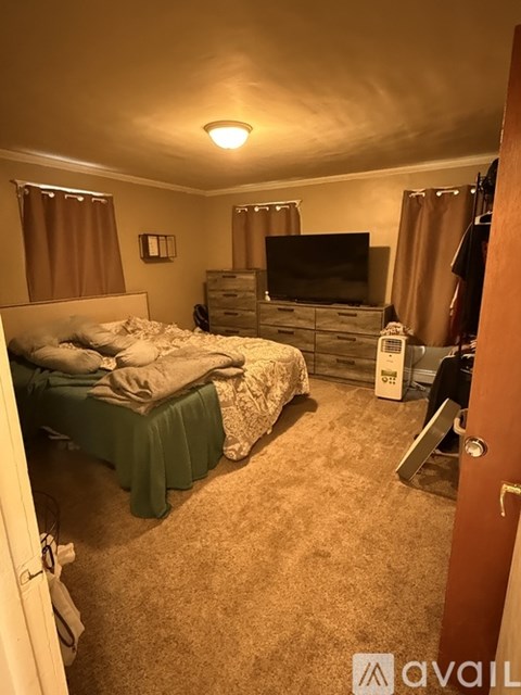 A bedroom with a bed, dresser, and television.