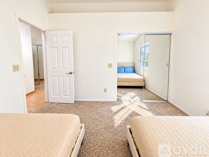 A bedroom with two beds and a closet.