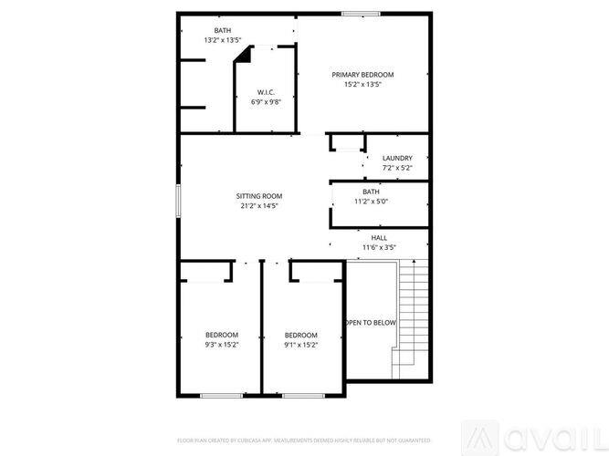 A floor plan of an apartment with a primary bedroom, a sitting room, and two bedrooms.