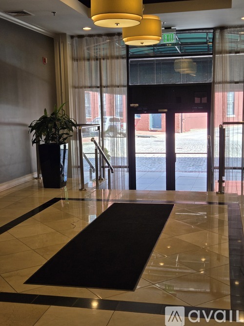 A hallway with a black and white rug, a potted plant, and a yellow light fixture.