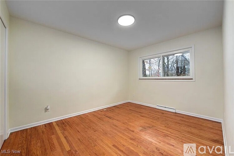 A room with wooden flooring and a window showing trees outside.