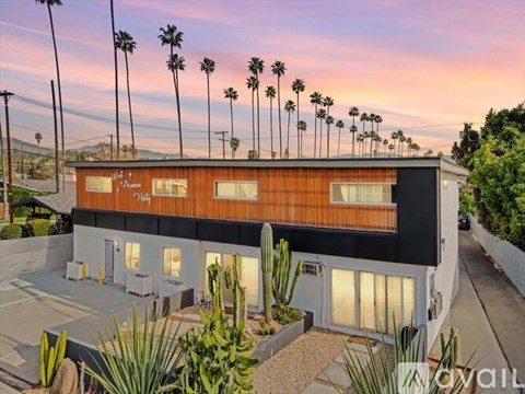 A modern building with a brown and black exterior is surrounded by palm trees.