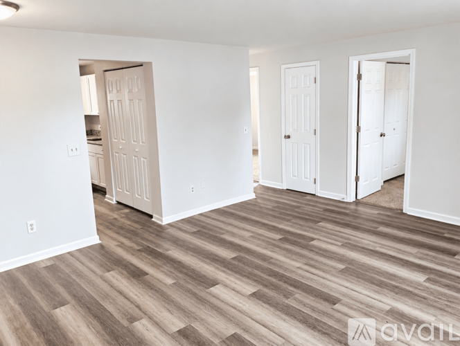 A room with white walls and wood flooring with three doors.