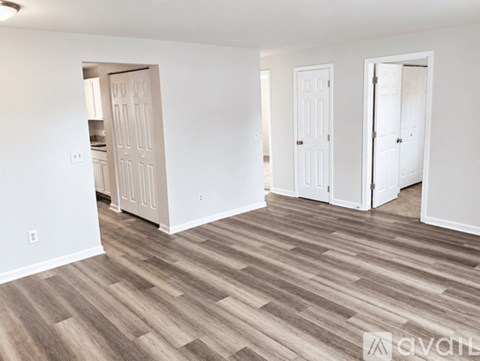 A room with white walls and wood flooring with three doors.