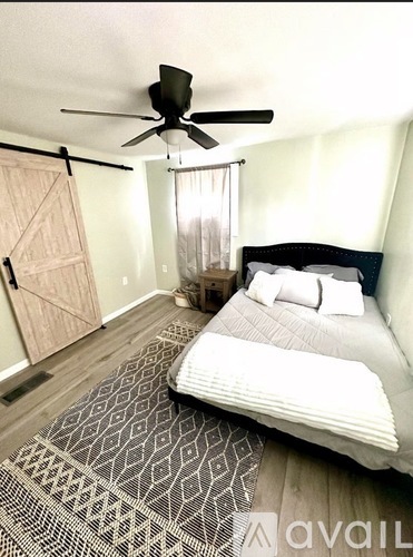 A bedroom with a bed, a ceiling fan, and a rug.