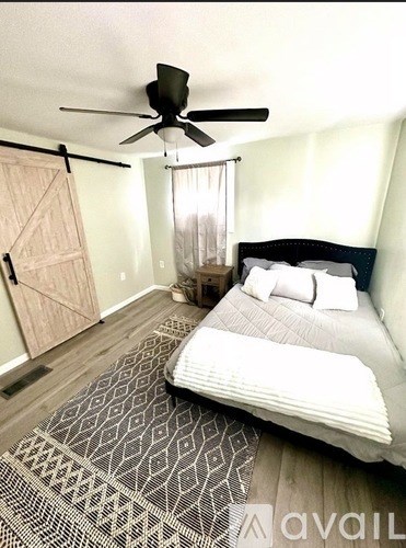 A bedroom with a bed, a ceiling fan, and a rug.