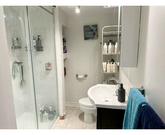A bathroom with a white sink, toilet, and a glass shower door.