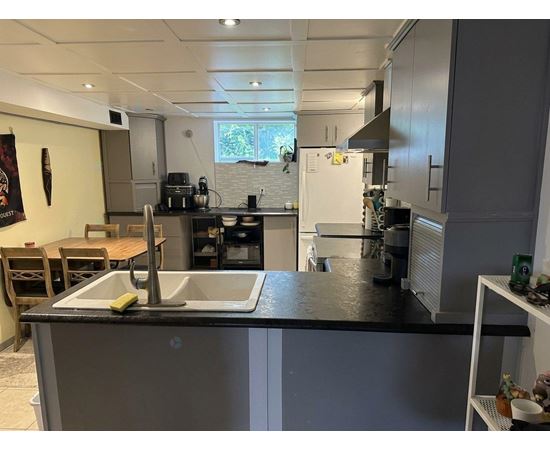 A kitchen with a sink and a refrigerator.