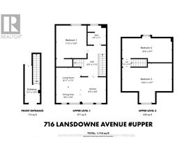 A floor plan for a property at 716 Lansdowne Avenue #Upper shows three bedrooms and two levels.