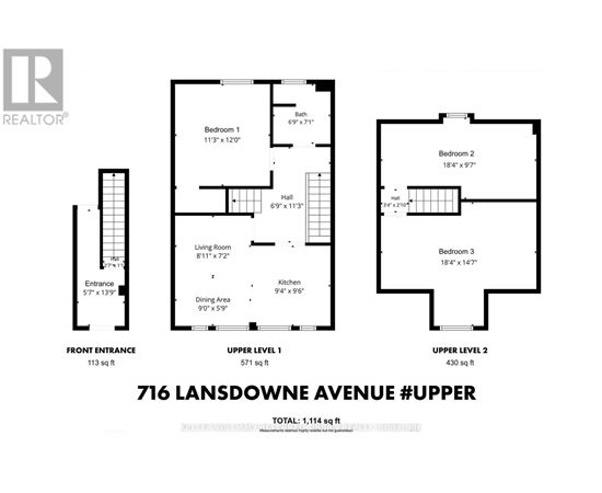 A floor plan for a property at 716 Lansdowne Avenue #Upper shows three bedrooms and two levels.