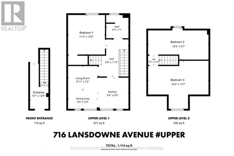 A floor plan for a property at 716 Lansdowne Avenue #Upper shows three bedrooms and two levels.