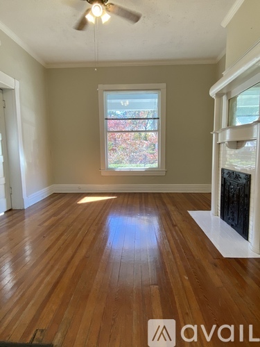 A room with wooden flooring and a window showing trees outside.