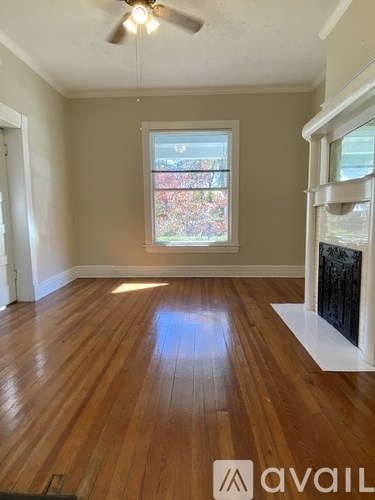 A room with wooden flooring and a window showing trees outside.