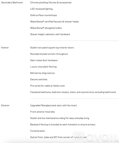 A list of interior and exterior home features.