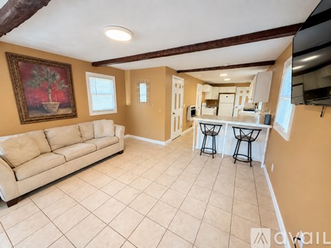 A living room with a couch, a painting, and a kitchen area in the background.