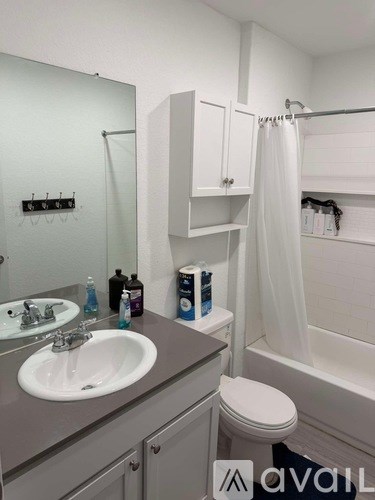 A bathroom with a white toilet, sink, and shower.