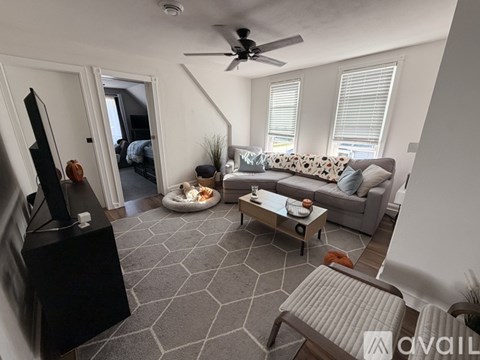 A living room with a grey sofa, a black entertainment center, and a ceiling fan.