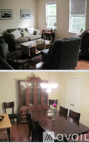 A living room with a couch and a dining table.