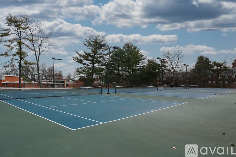 A tennis court surrounded by trees and a cloudy sky.