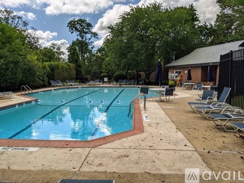 A pool surrounded by trees and chairs.