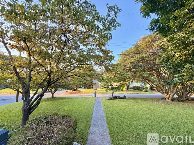 A tree-lined pathway in a grassy area with a house in the background.