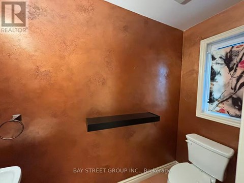 A bathroom with a toilet, a shelf and a painting on the wall.