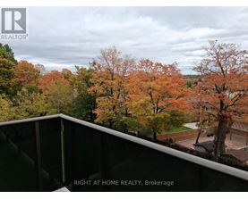 A view from a balcony of a residential area with trees in autumn colors.