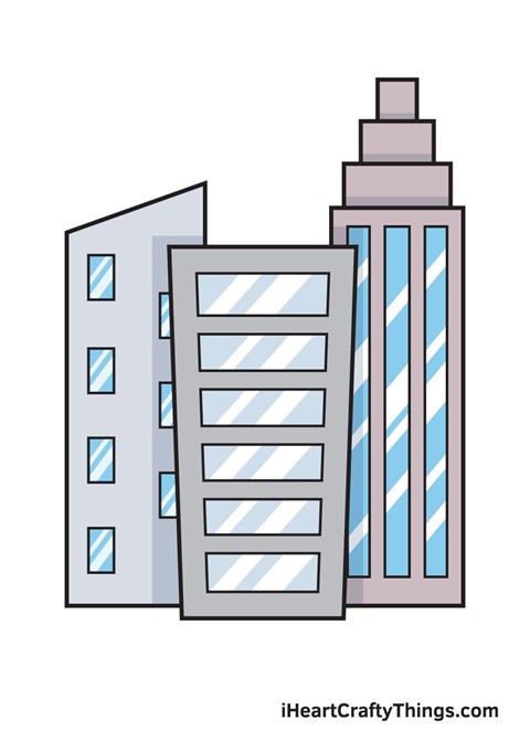 Two buildings with blue and white stripes.