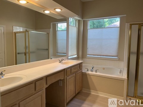 A bathroom with a large mirror, two sinks, and a bathtub.