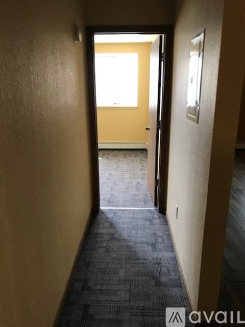 A hallway with a carpeted floor and a door at the end.
