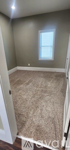 A room with a carpeted floor and a window.