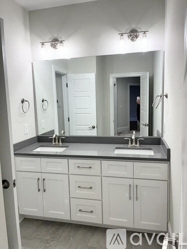 A bathroom with a double sink and a large mirror.