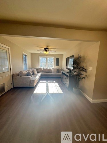 A living room with a couch, television, and a ceiling fan.