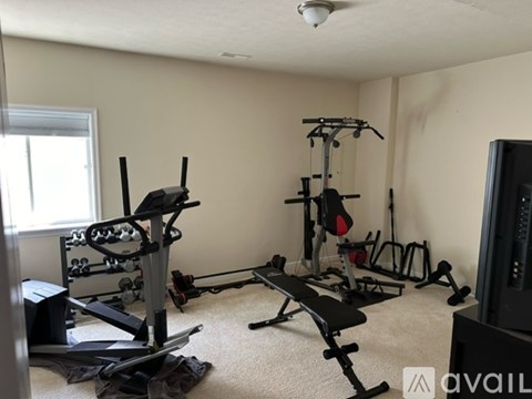 A home gym with a variety of equipment including a weight bench, a leg press machine, and a cable machine.